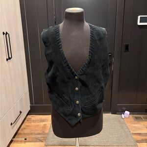Vintage Mona Mode Black Leather Vest w/ Statement Brass Buttons (M)
